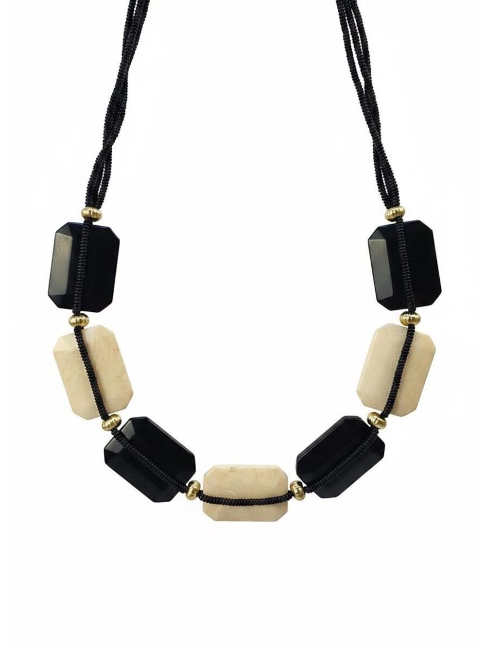 Vintage Boho Statement Necklace, Black Cream Geometric Block Beads